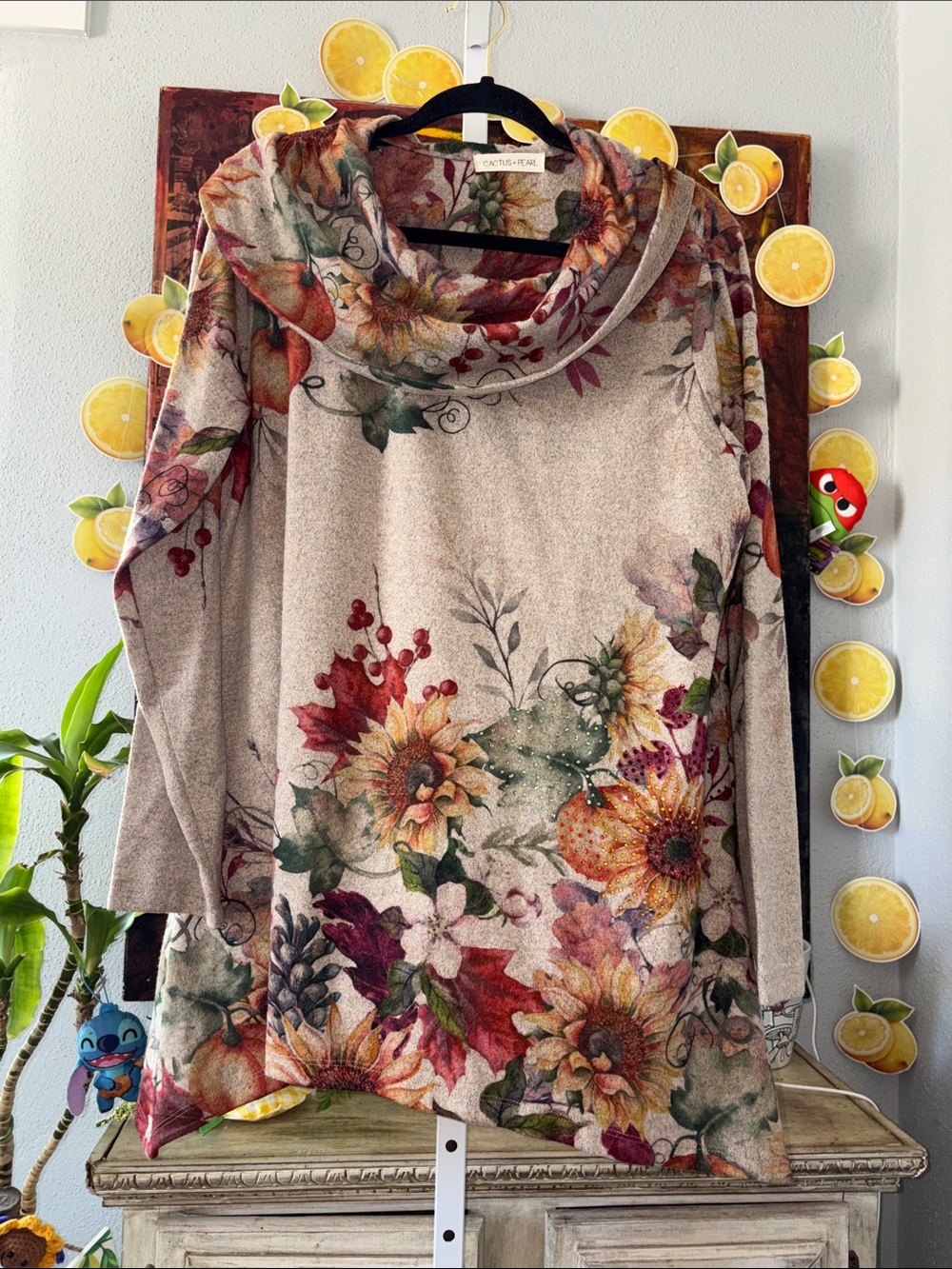Cactus + Pearl Floral Cowl Neck Sweater Tunic - Beige Floral 2X